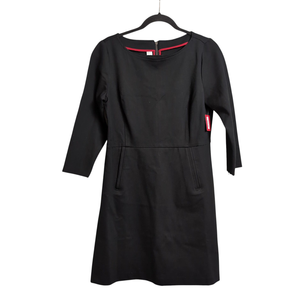 NWT Spanx Perfect Shift A-Line Dress Black Ponte Stretch 3/4 Sleeve Pockets L